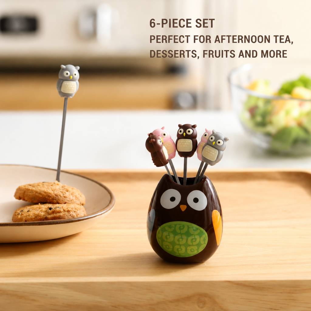 Reusable Cartoon Owl Fruit Forks, Creative Dessert Picks with Owl Storage Container