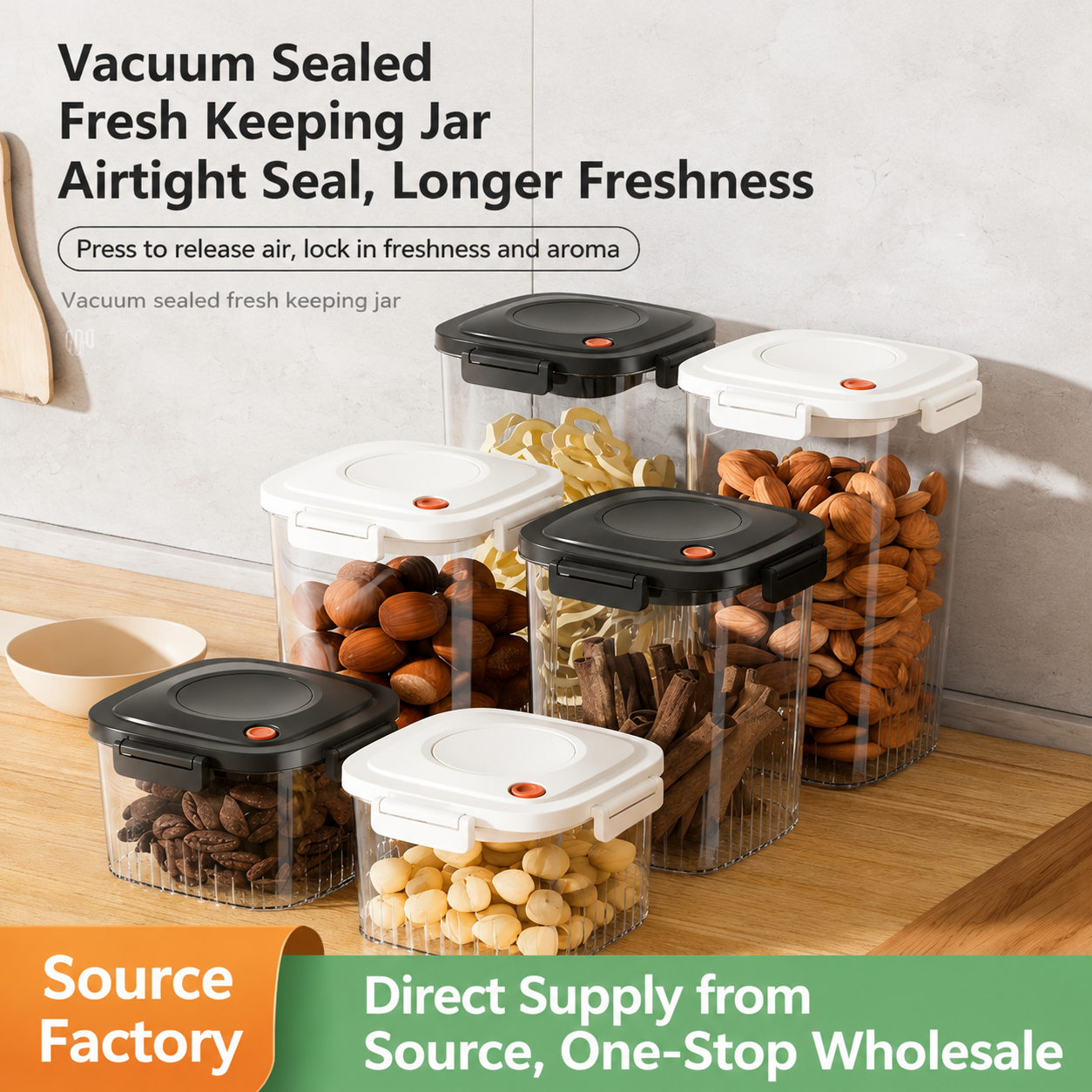 Square Airtight Food Storage Containers, Press to Expel Air, Kitchen Pantry Organizer for Grains Nuts