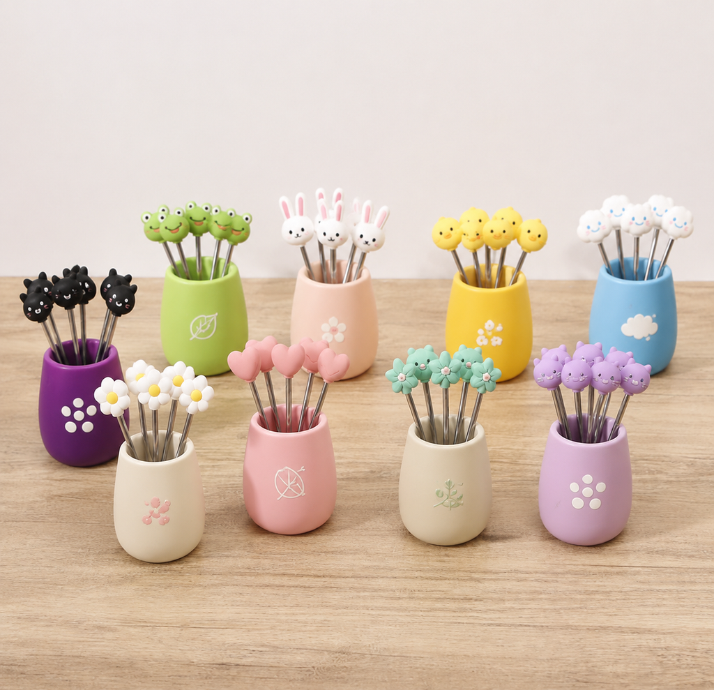 Reusable Cartoon Shape Stainless Steel Fruit Forks, Dessert Picks with Storage Container