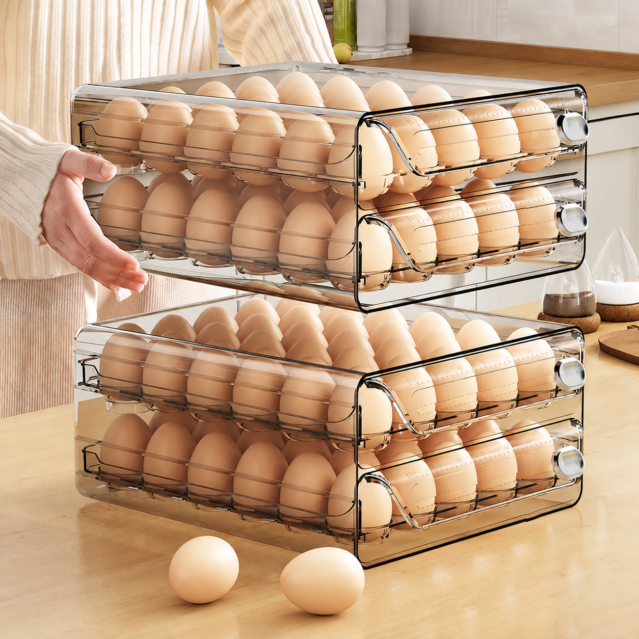 Wholesale Double Layer Egg Storage Box New Kitchen Refrigerator Egg Crisper Pet Timing Drawer Egg Box